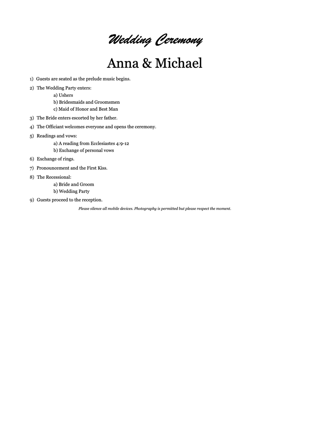 Wedding reception program with numbered event schedule and customizable notes_variant_1